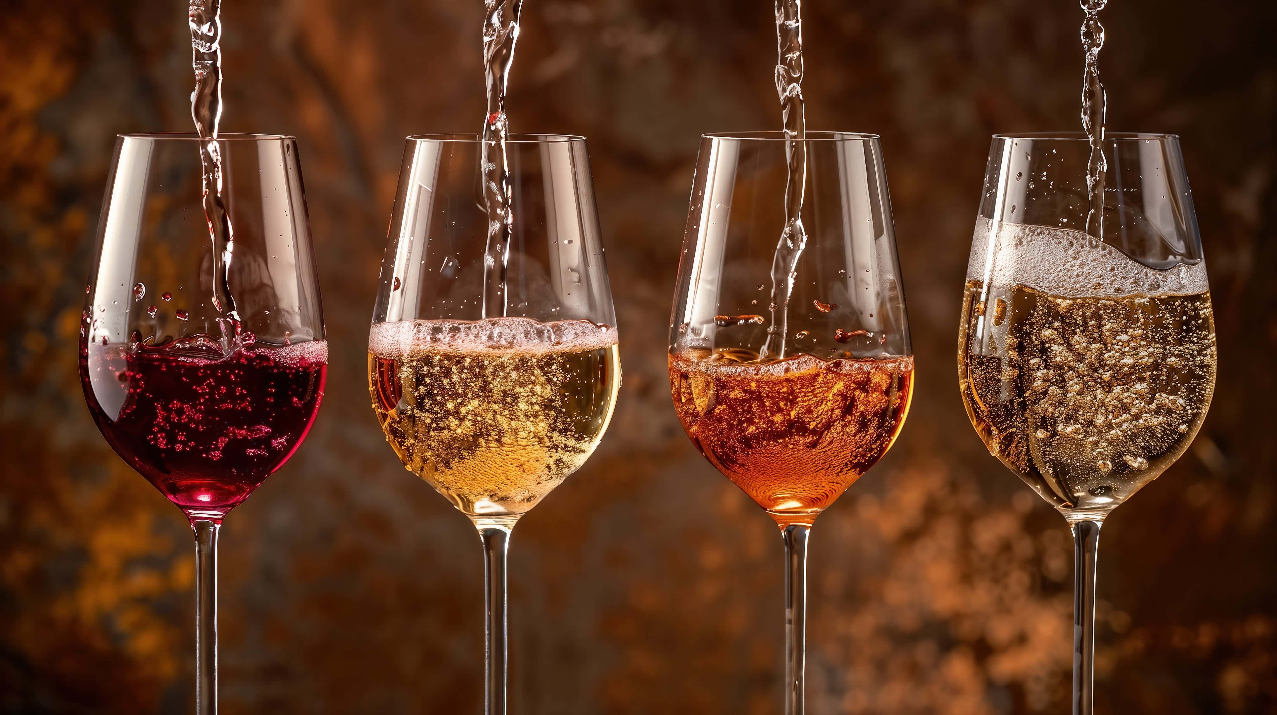 Four glasses of sparkling wine in red, white, rosé, and golden hues being poured, with effervescent bubbles rising against a warm, ambient background.