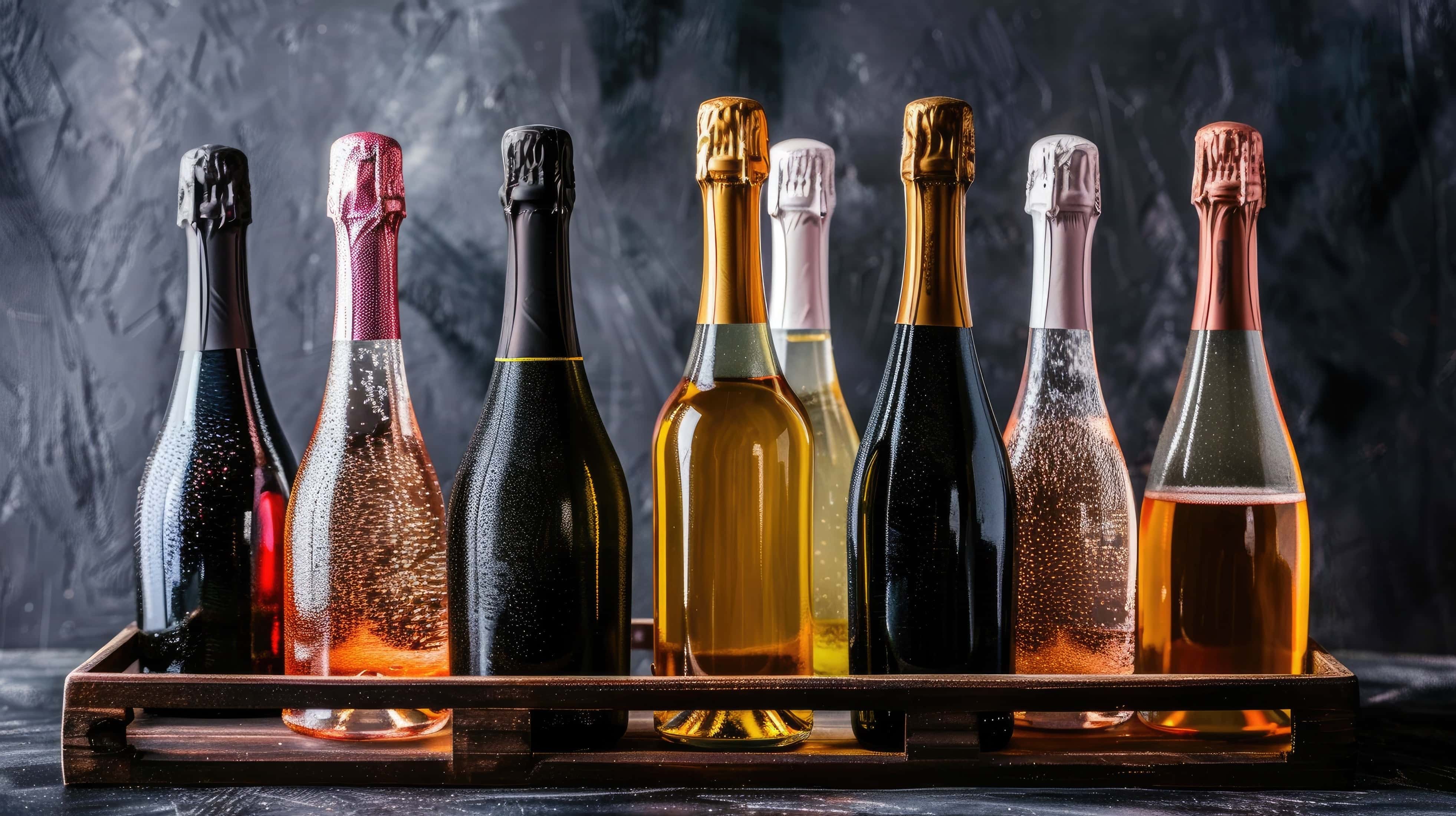 Assorted bottles of sparkling wine in a wooden tray against a dark textured background, showcasing a variety of foil colors and wine hues.