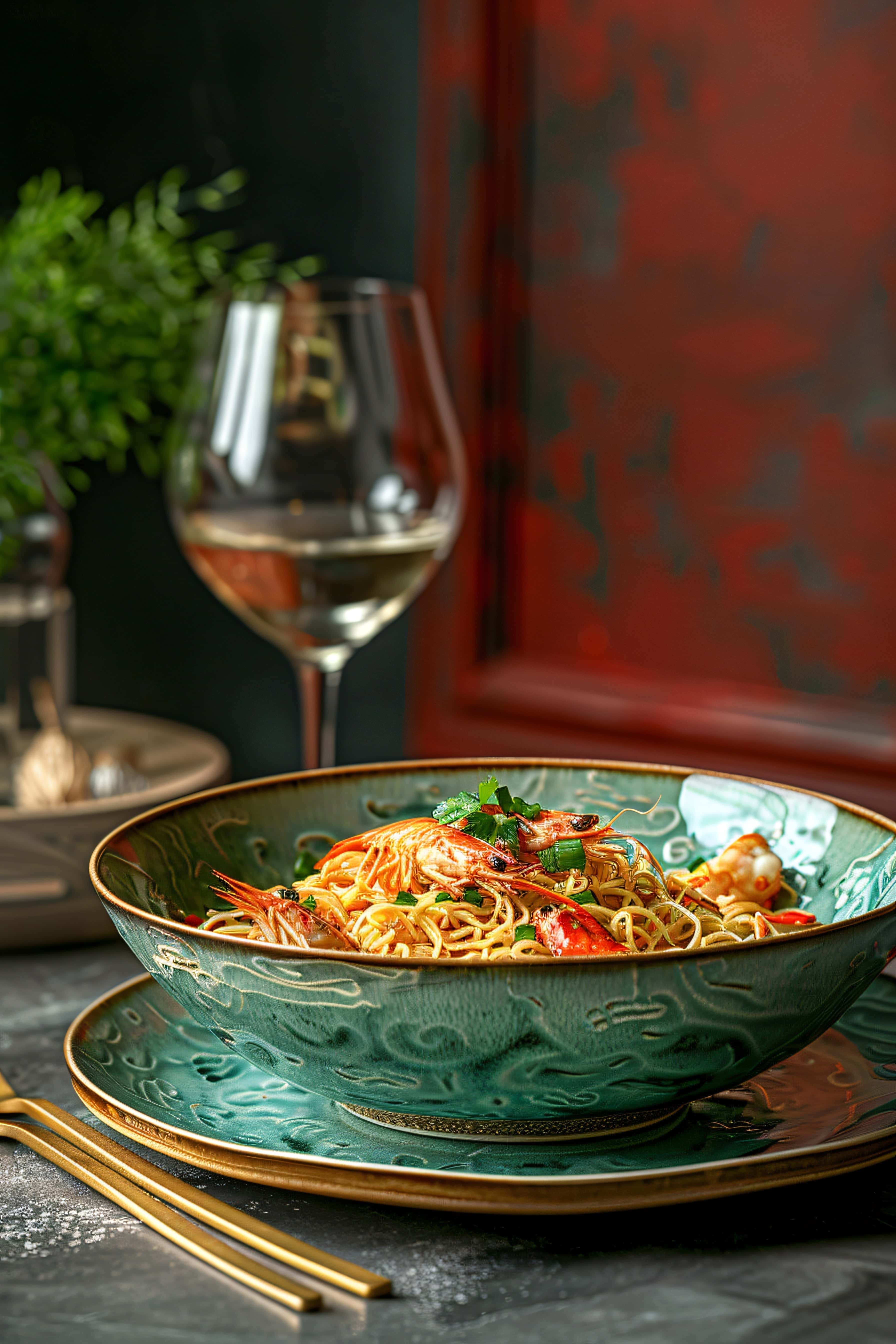 Gourmet seafood noodle dish served in an ornate green bowl, paired with a glass of white wine on a dark table setting—highlighting wine and food pairing elegance