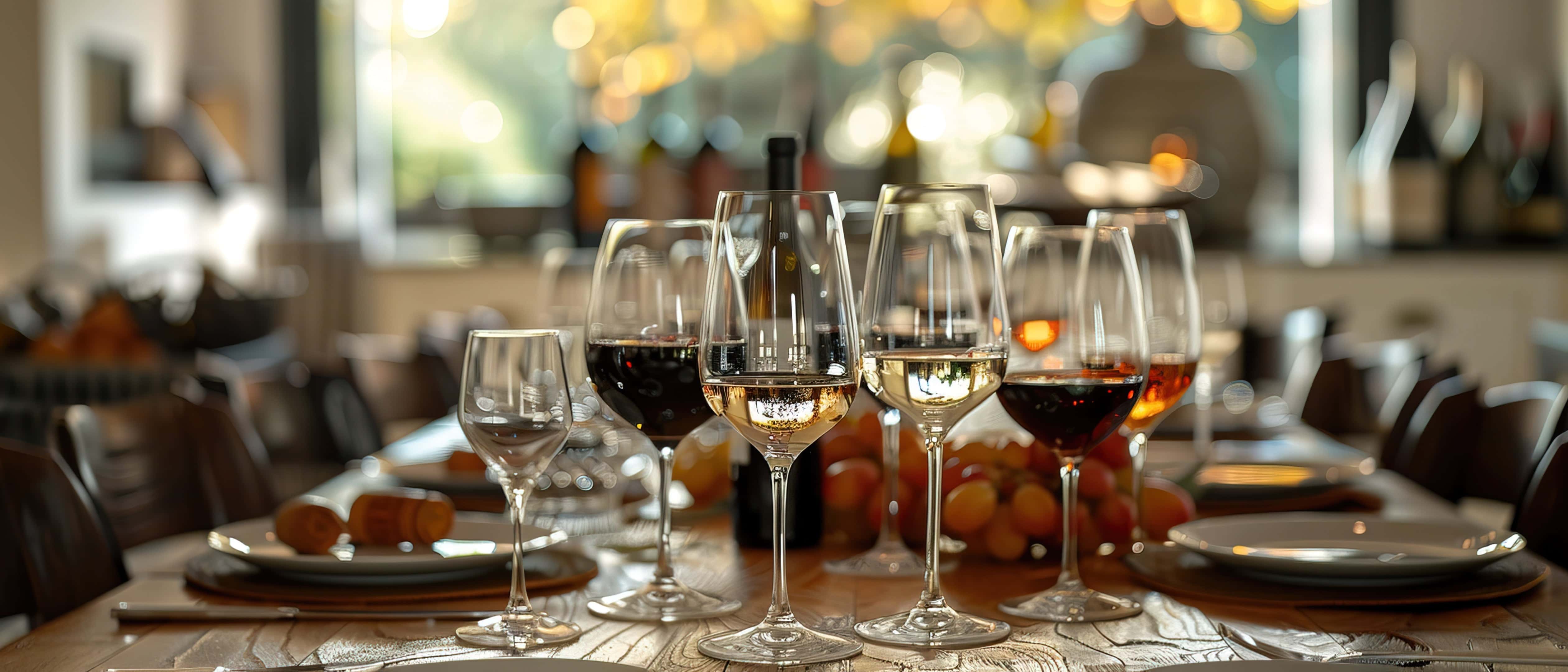 Elegant dining table set with a variety of wine glasses filled with white, red, and rosé wines in a softly lit upscale restaurant.