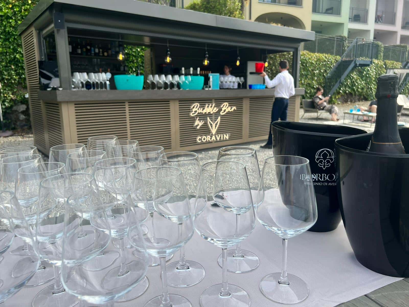 Wine glasses at a bar