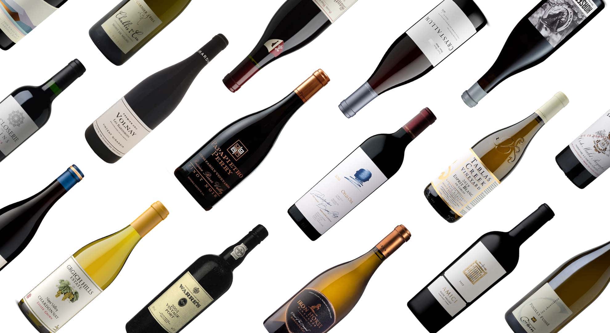 Assorted premium wine bottles from global vineyards arranged diagonally on a white background, showcasing red, white, and rosé varietals.