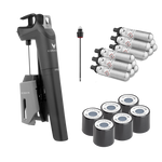 Coravin Timeless Three Pro Kit contents, featuring a system, capsules, screw caps, and a needle