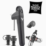 The image shows a black Pivot+ Wine by-the-Glass System, including a Pivot Aerator, a wine bottle stopper, and two argon capsules; with a badge indicating selection by The Knot Registry Awards