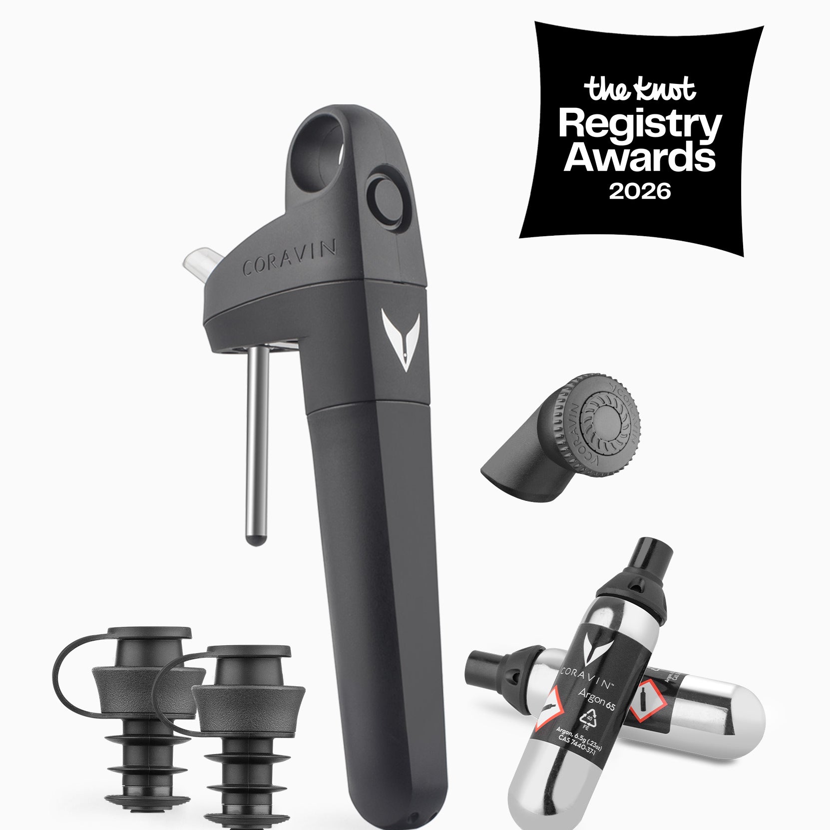 The image shows a black Pivot+ Wine by-the-Glass System, including a Pivot Aerator, a wine bottle stopper, and two argon capsules; with a badge indicating selection by The Knot Registry Awards
